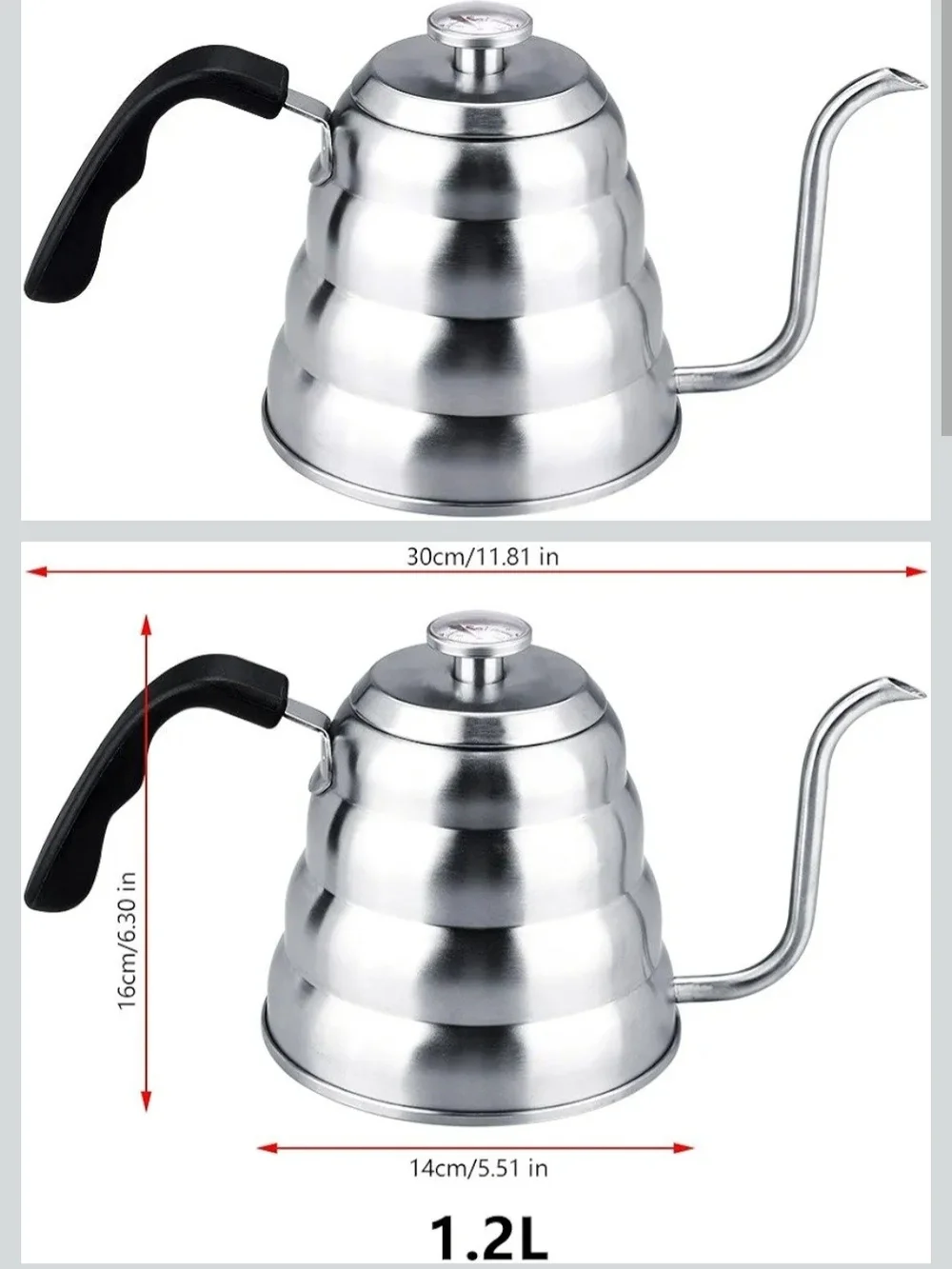 Gooseneck Pour-Over Kettle with Thermometer - Silver Stainless Steel